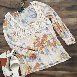 Sanctuary Crocheted Peasant Blouse Womens Small Boho Floral Sheer